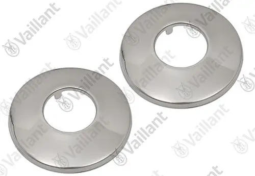 Zwei runde, glänzende Metalldeckel von Vaillant mit mittigem Loch zur Abdeckung von Rohröffnungen oder Befestigungen.